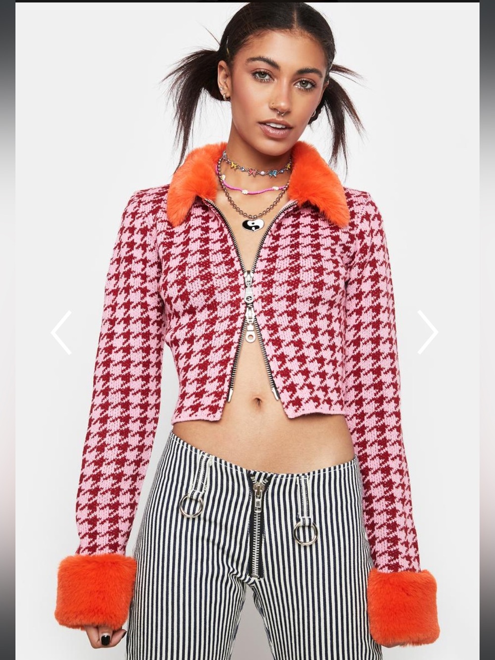 The Ragged Priest Dolls Kill Bluster Houndstooth Cardi Top Faux Fur Trim L